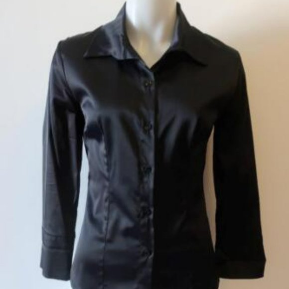 WOMENS NATACHA PARIS BLACK SATIN BUTTON BLOUSE TOP S * - Picture 1 of 4